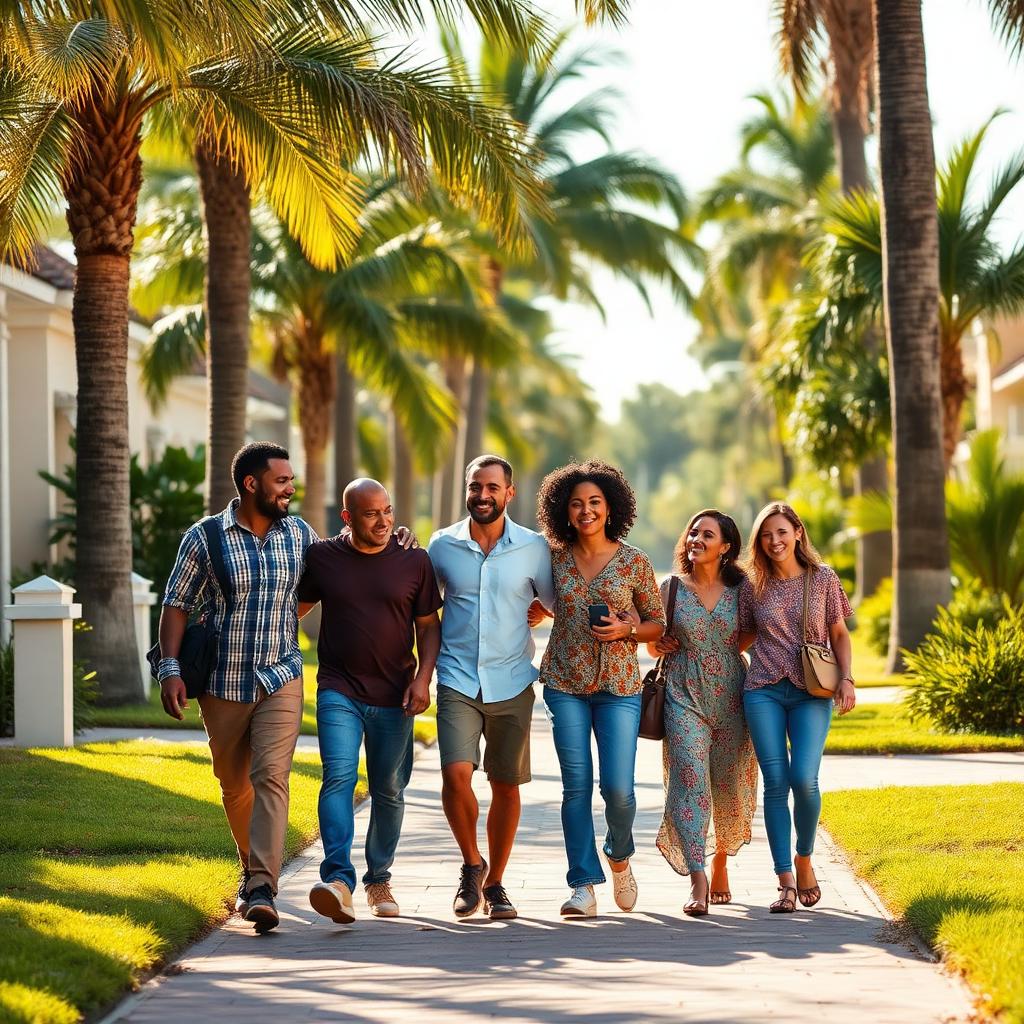 A diverse group of Florida friends and family walking together on a sunny palm-lined street.
