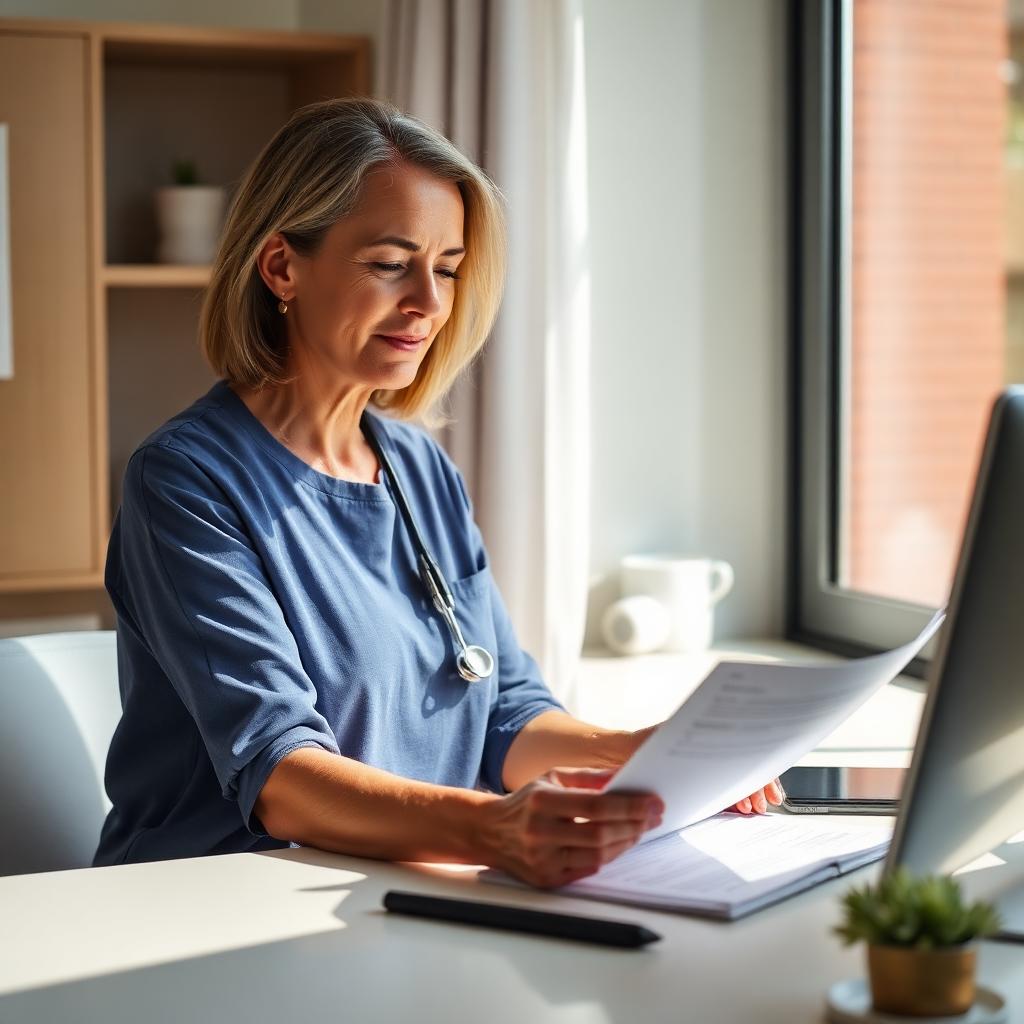 A woman calmly reviewing medical paperwork at a bright desk near a window.