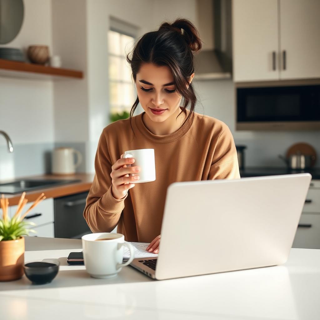 A young professional reviewing a household budget on a laptop in a bright kitchen.