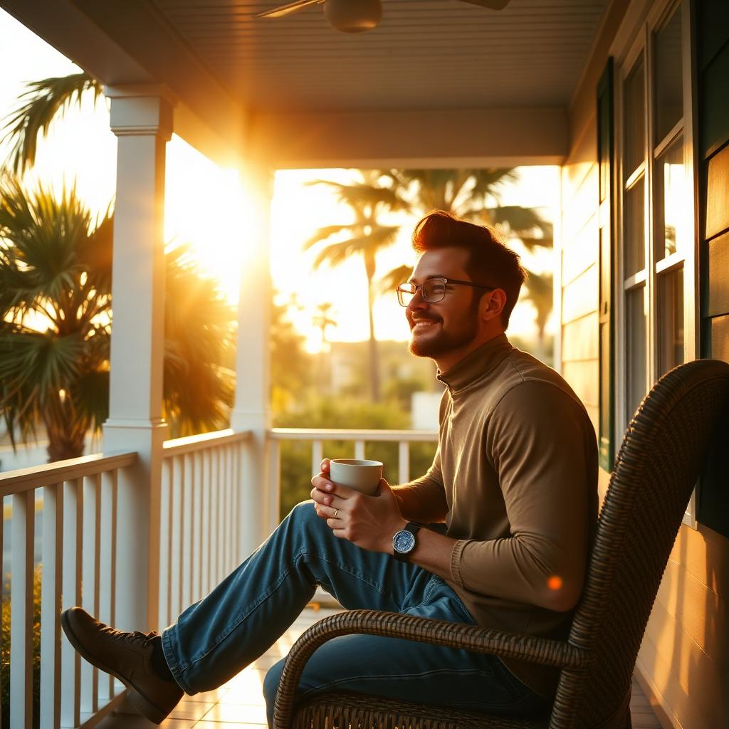 A man sitting calmly on a sunlit Florida porch with palm trees in the background.