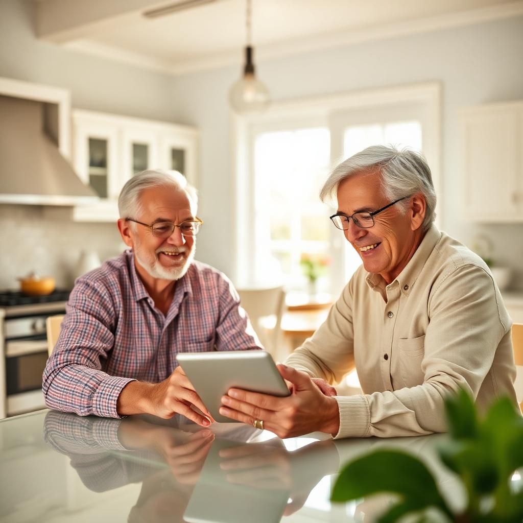 A relaxed Florida retiree couple reviewing finances together at a sunlit kitchen table.