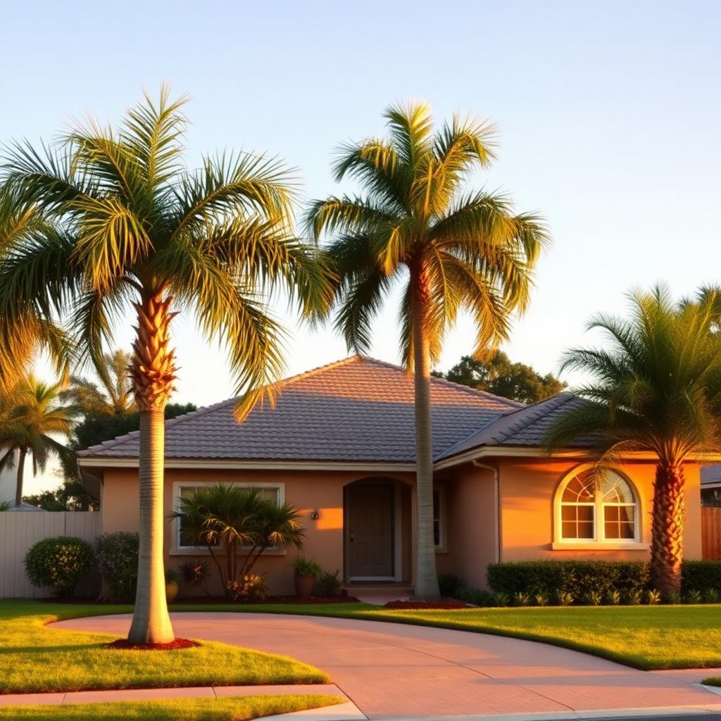 A modest Florida home with palm trees at golden hour, conveying calm and stability.