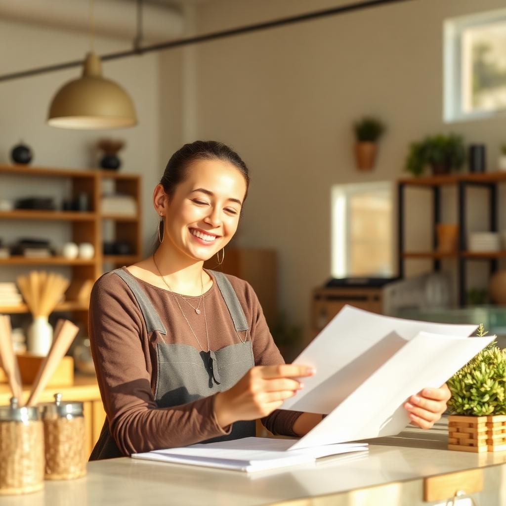 A smiling small business owner reviewing paperwork at the counter of a bright boutique.