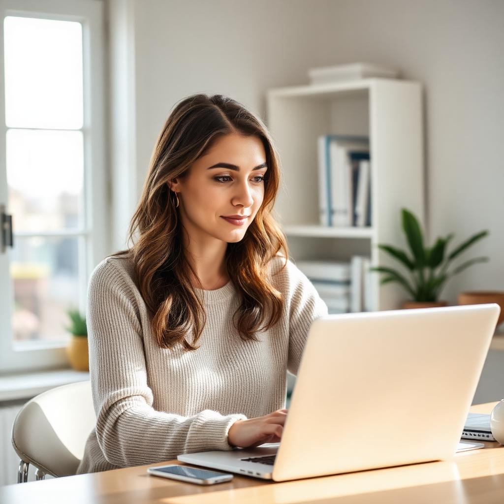 A woman calmly reviewing finances on a laptop in a bright home office.